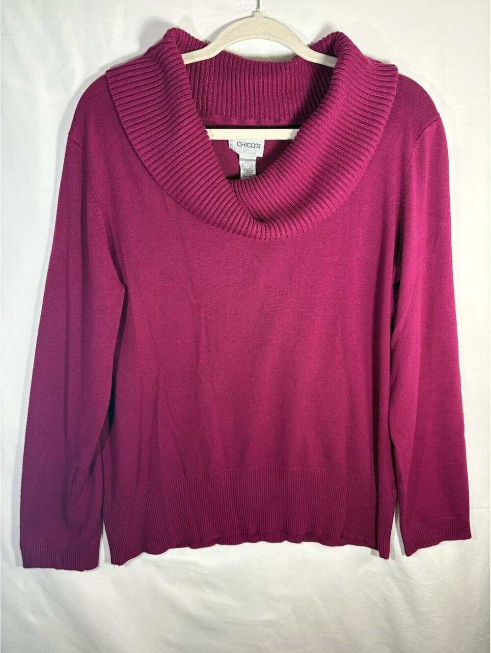 Chicos Sweater Sz 2 US Large Fuchsia Mixed Cable Knit Cowl Neck Ribbed Collar